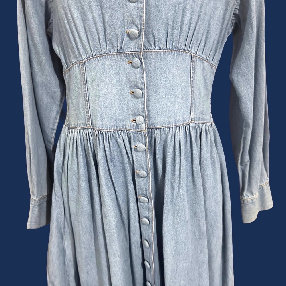 VTG 90s Styleworks Denim Midi Dress 8 Long Sleeve Button Front Western Prairie * - Picture 5 of 14